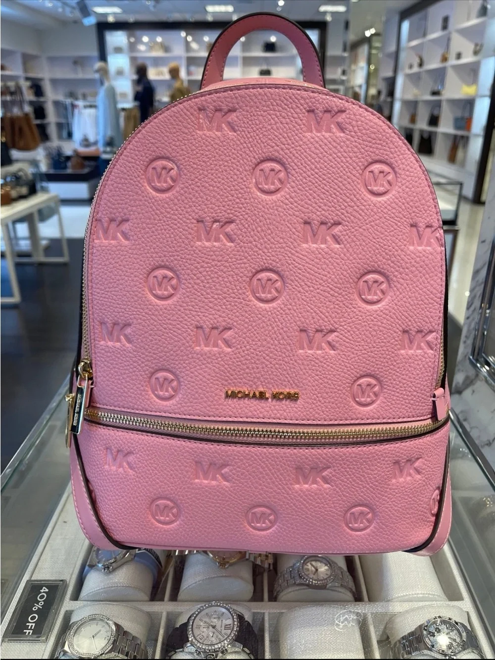 Michael Kors Rhea Medium Zip MK Logo Debossed Backpack Carnation NWT